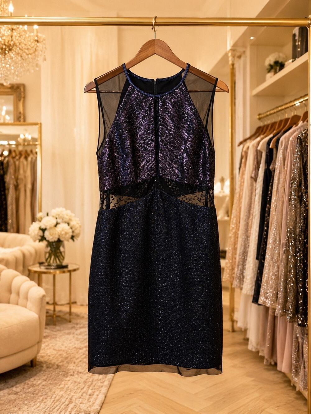 Phoebe Blue Pink Metallic Dress Size 8 Sleeveless Sheer Cutout Cocktail Dress